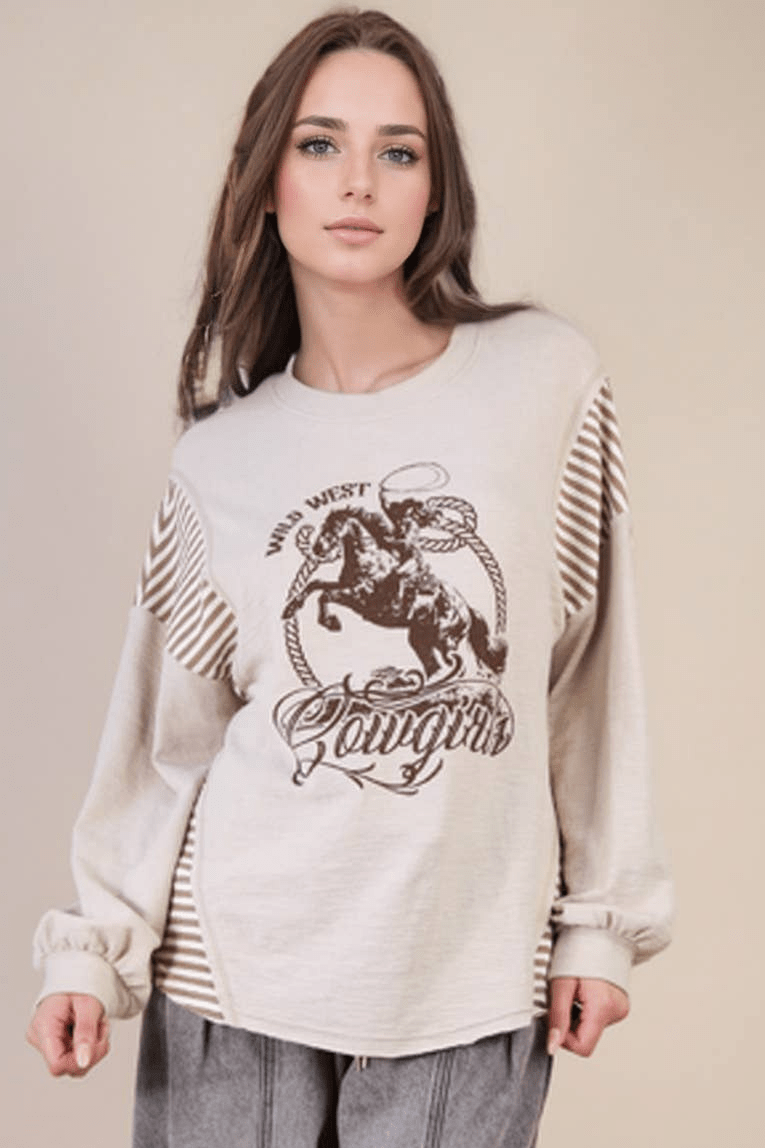 VERY J "Wild West Cowgirls" Western Graphic Knit Top — Oversized Mixed Media (Taupe or Olive) - Rooted & Reckless Co.