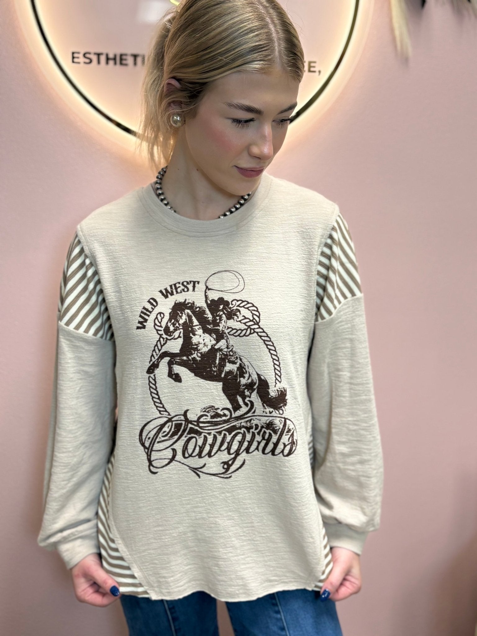 VERY J "Wild West Cowgirls" Western Graphic Knit Top — Oversized Mixed Media (Taupe or Olive) - Rooted & Reckless Co.