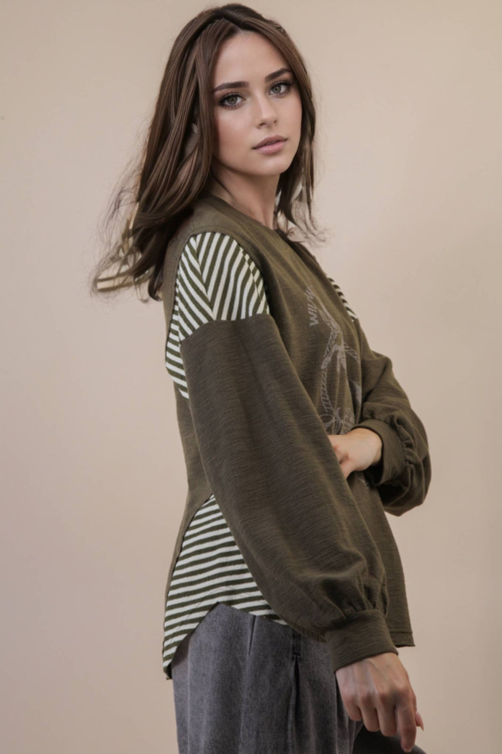 VERY J "Wild West Cowgirls" Western Graphic Knit Top — Oversized Mixed Media (Taupe or Olive) - Rooted & Reckless Co.