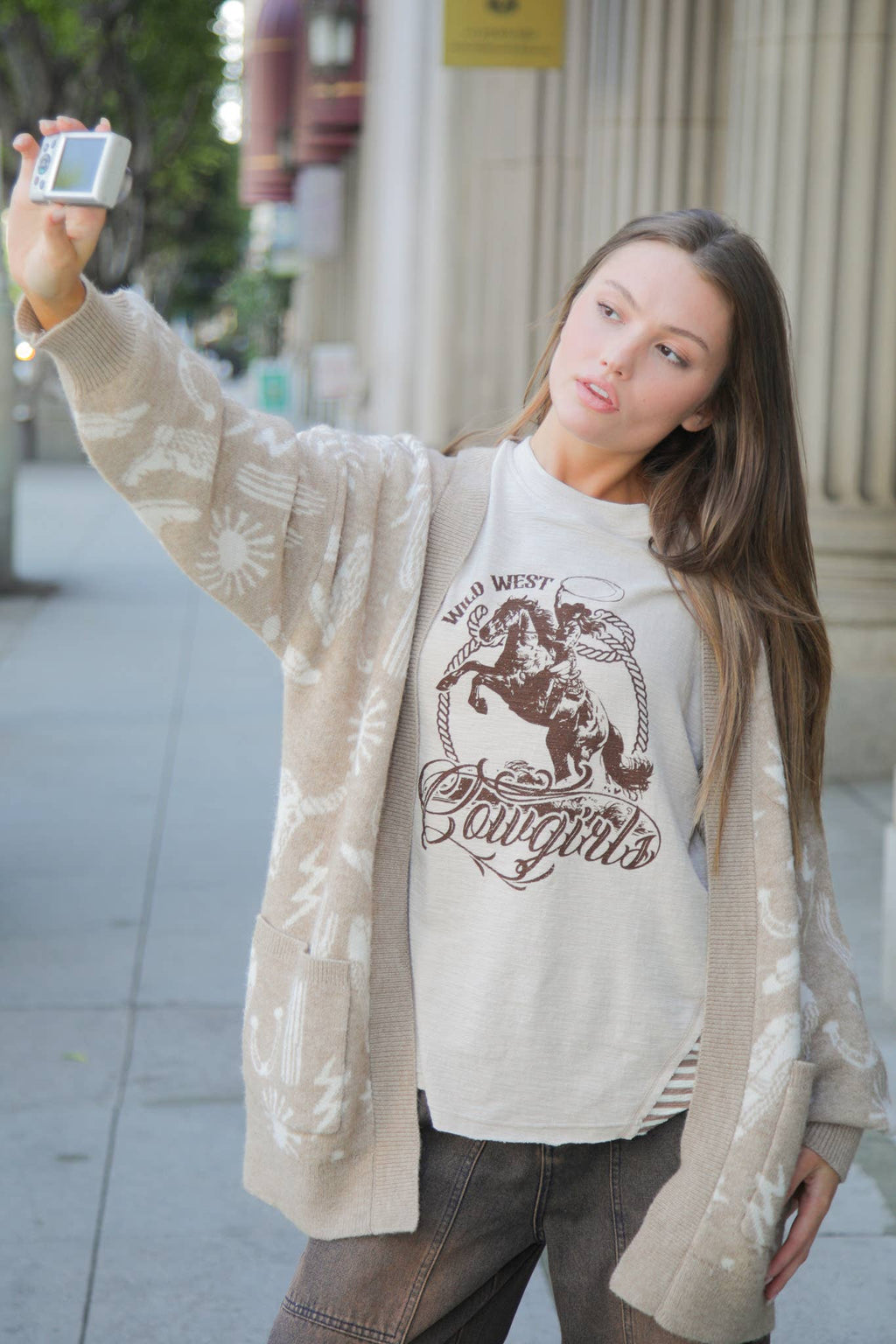 VERY J "Wild West Cowgirls" Western Graphic Knit Top — Oversized Mixed Media (Taupe or Olive) - Rooted & Reckless Co.