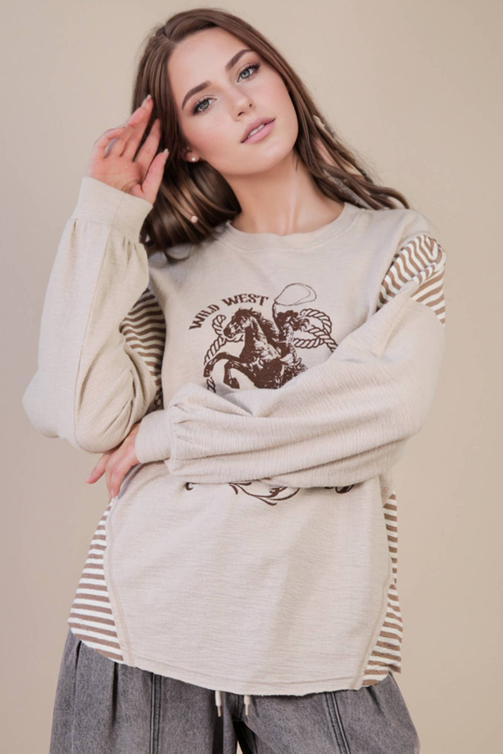 VERY J "Wild West Cowgirls" Western Graphic Knit Top — Oversized Mixed Media (Taupe or Olive) - Rooted & Reckless Co.