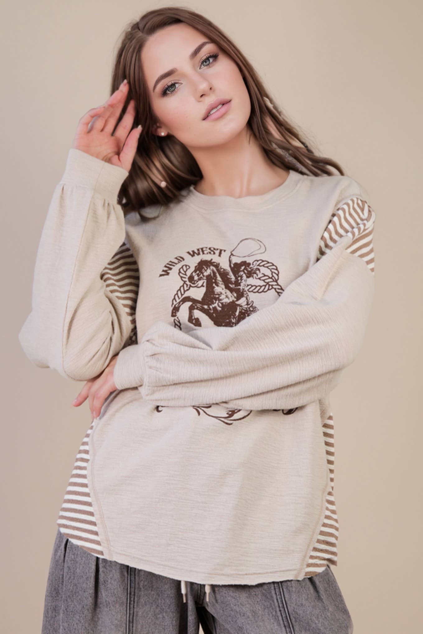 VERY J "Wild West Cowgirls" Western Graphic Knit Top — Oversized Mixed Media (Taupe or Olive) - Rooted & Reckless Co.