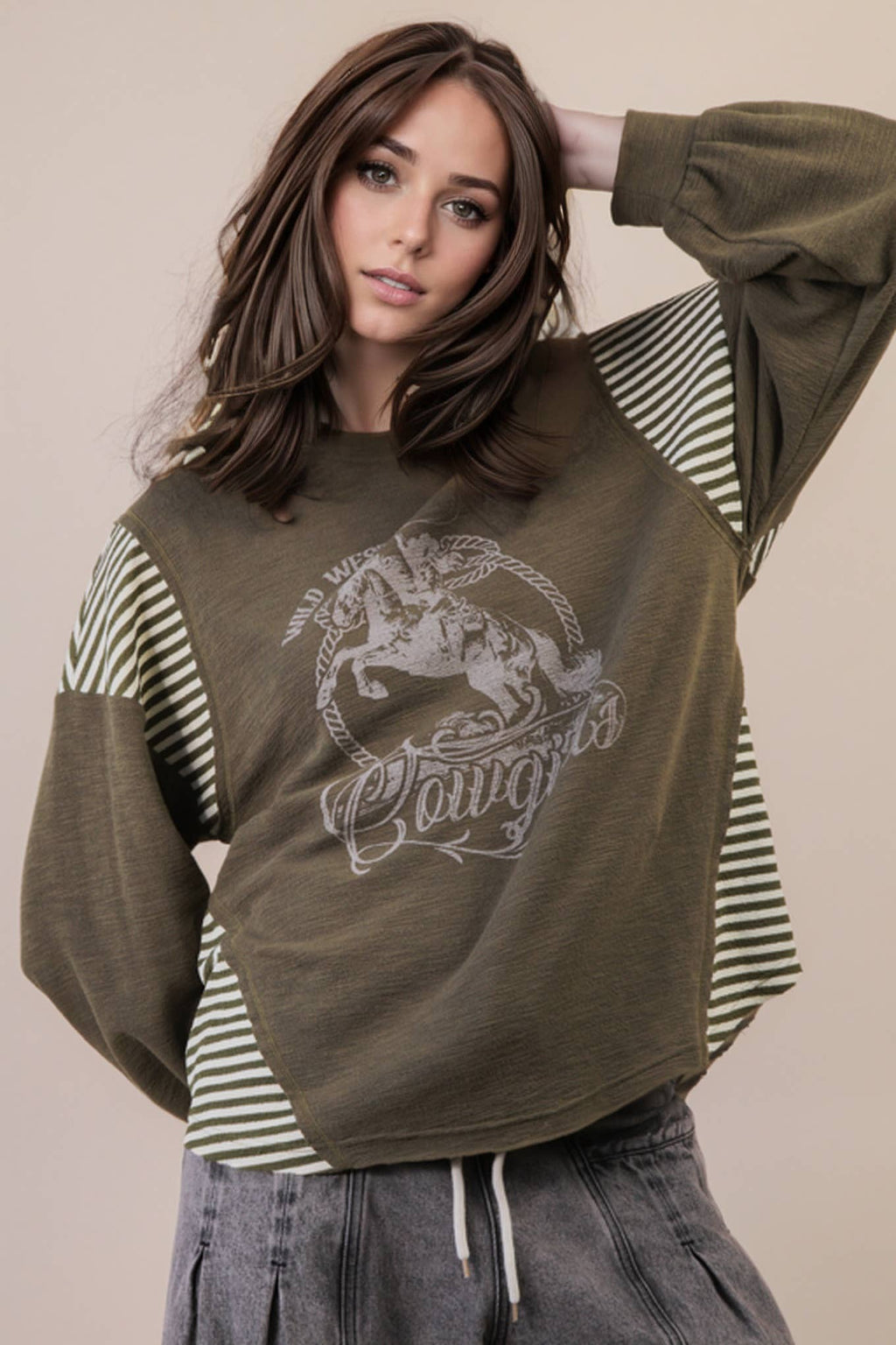 VERY J "Wild West Cowgirls" Western Graphic Knit Top — Oversized Mixed Media (Taupe or Olive) - Rooted & Reckless Co.