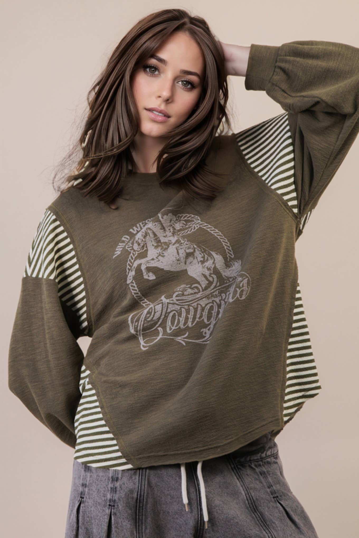 VERY J "Wild West Cowgirls" Western Graphic Knit Top — Oversized Mixed Media (Taupe or Olive) - Rooted & Reckless Co.