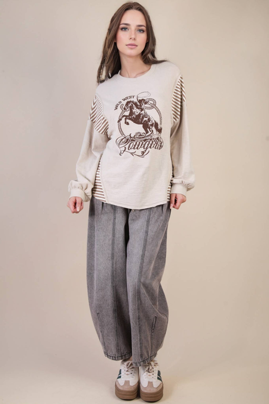 VERY J "Wild West Cowgirls" Western Graphic Knit Top — Oversized Mixed Media (Taupe or Olive) - Rooted & Reckless Co.