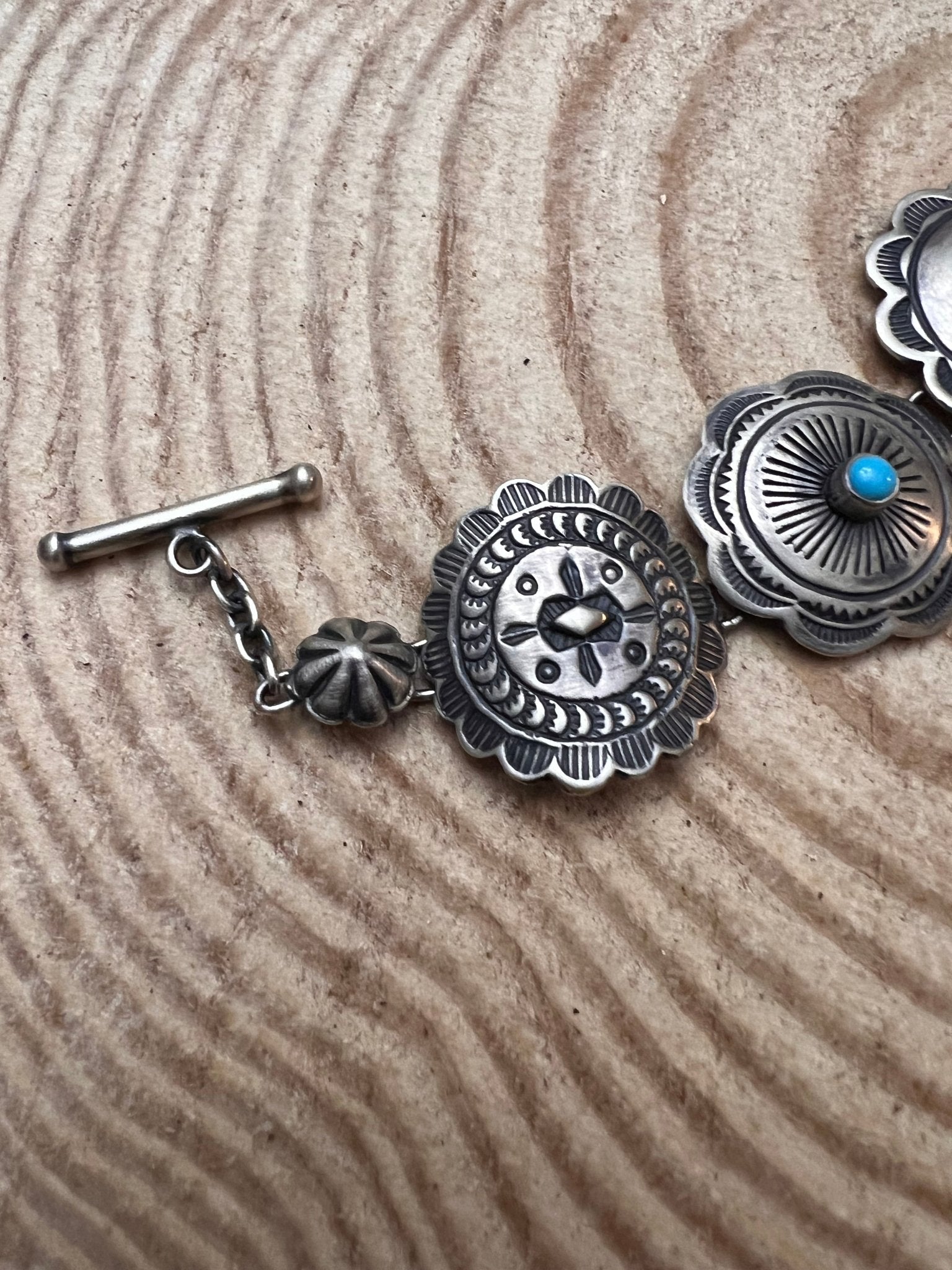 Victor Coriz Navajo Concho Link Bracelet with Sleeping Beauty Turquoise — Adjustable 6"-7.5" (Sterling Stamped, Artist Hallmark) - Rooted & Reckless Co.
