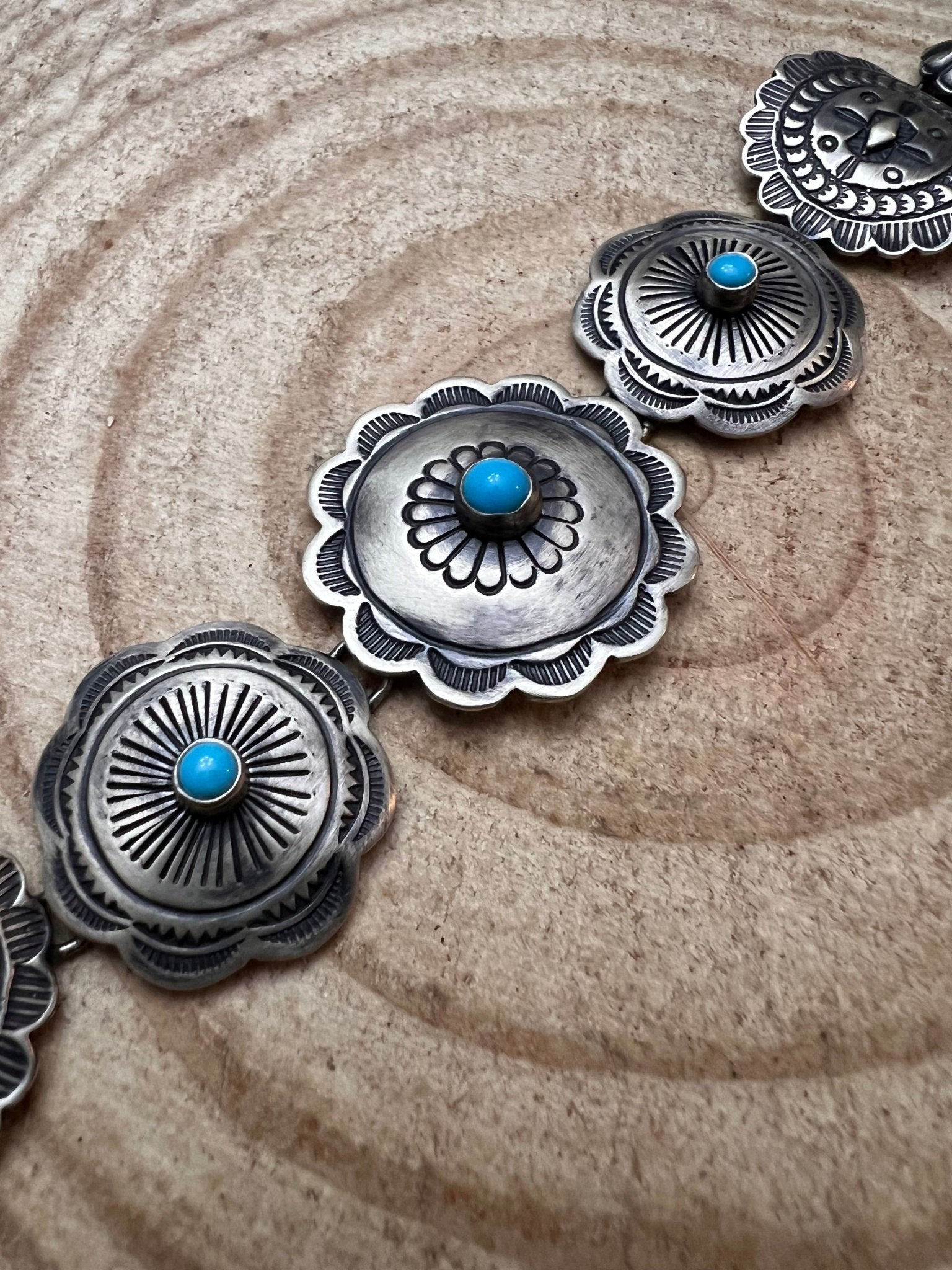 Victor Coriz Navajo Concho Link Bracelet with Sleeping Beauty Turquoise — Adjustable 6"-7.5" (Sterling Stamped, Artist Hallmark) - Rooted & Reckless Co.