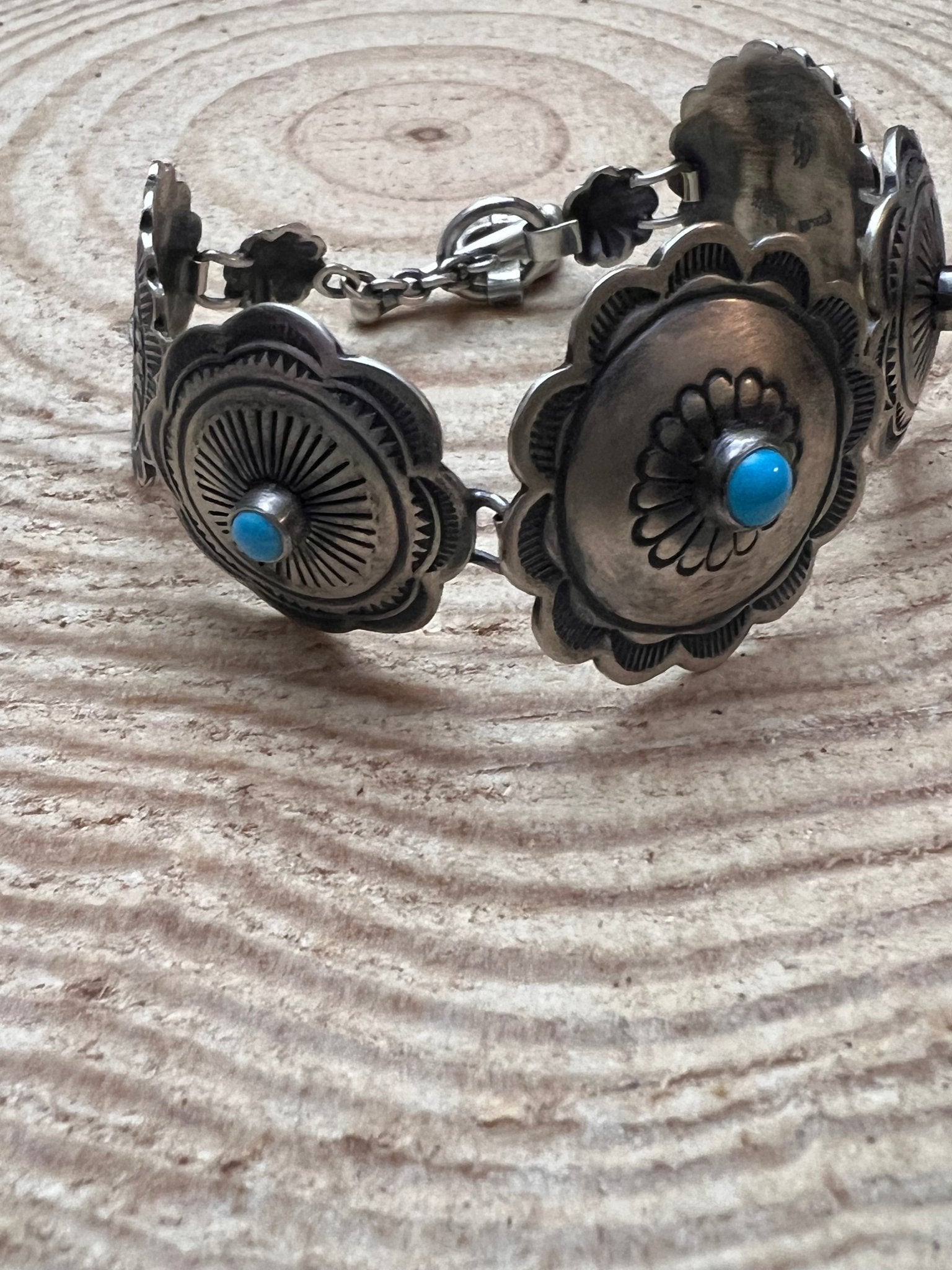Victor Coriz Navajo Concho Link Bracelet with Sleeping Beauty Turquoise — Adjustable 6"-7.5" (Sterling Stamped, Artist Hallmark) - Rooted & Reckless Co.