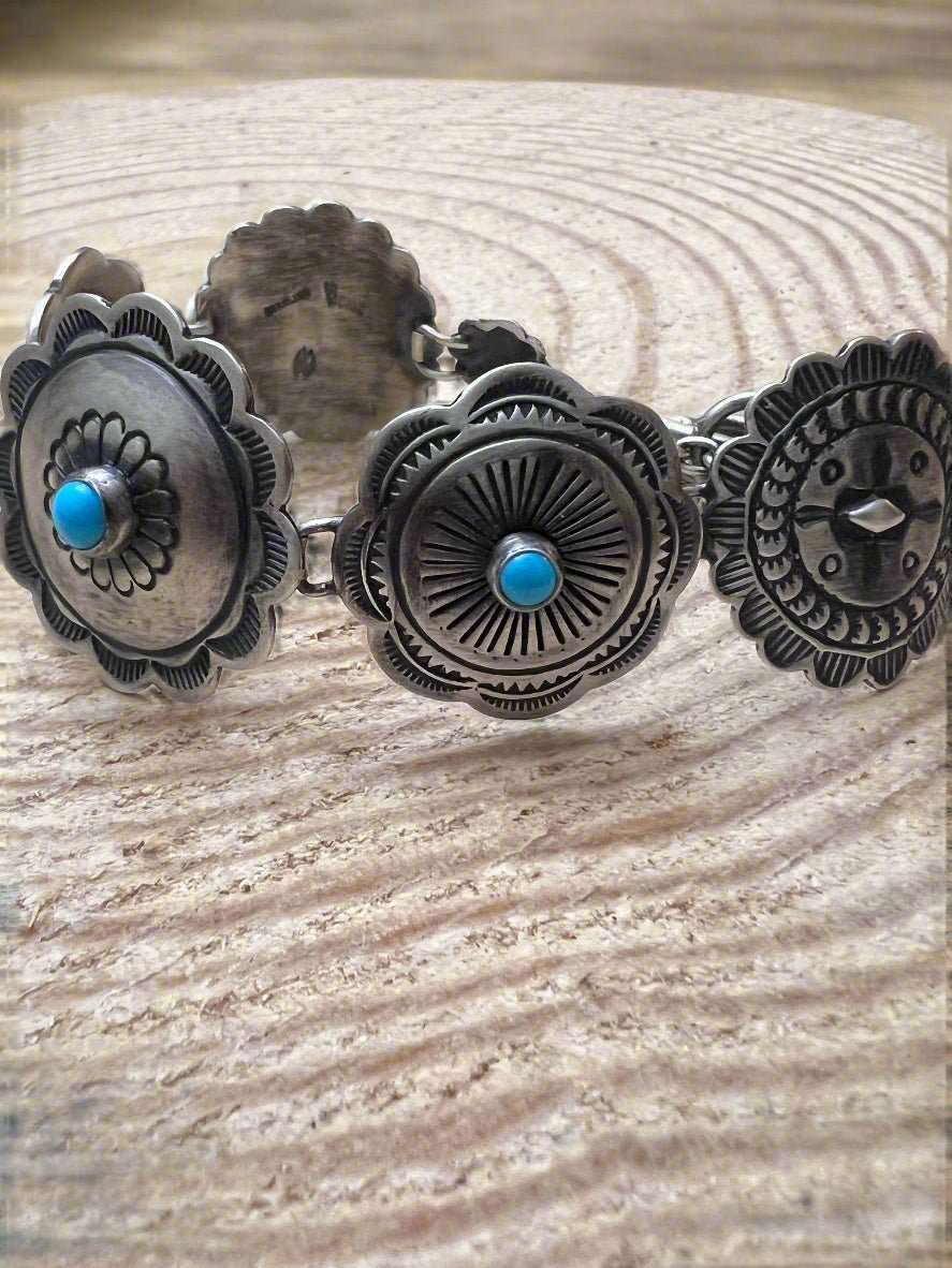 Victor Coriz Navajo Concho Link Bracelet with Sleeping Beauty Turquoise — Adjustable 6"-7.5" (Sterling Stamped, Artist Hallmark) - Rooted & Reckless Co.
