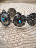 Victor Coriz Navajo Concho Link Bracelet with Sleeping Beauty Turquoise — Adjustable 6"-7.5" (Sterling Stamped, Artist Hallmark) - Rooted & Reckless Co.
