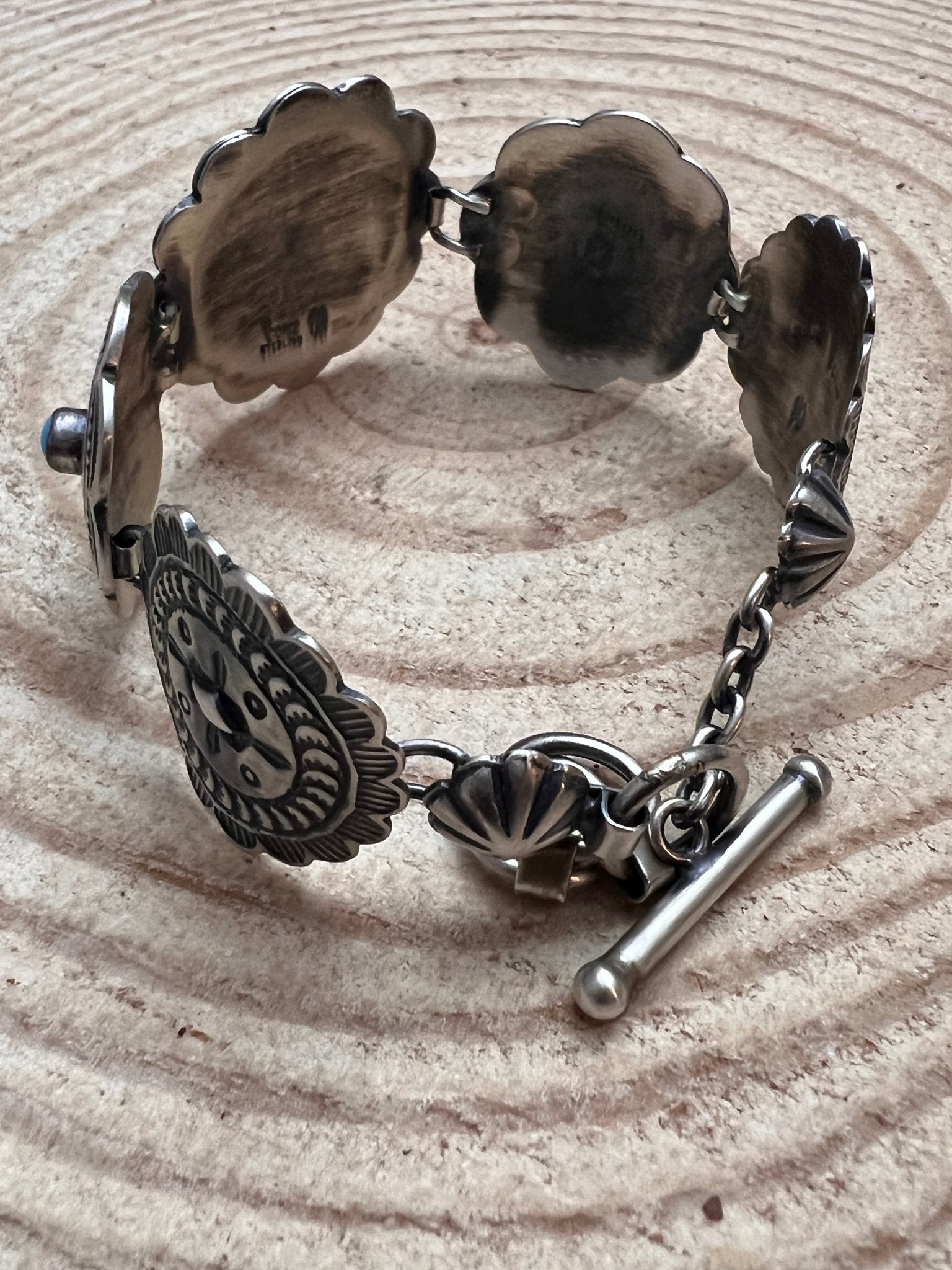 Victor Coriz Navajo Concho Link Bracelet with Sleeping Beauty Turquoise — Adjustable 6"-7.5" (Sterling Stamped, Artist Hallmark) - Rooted & Reckless Co.
