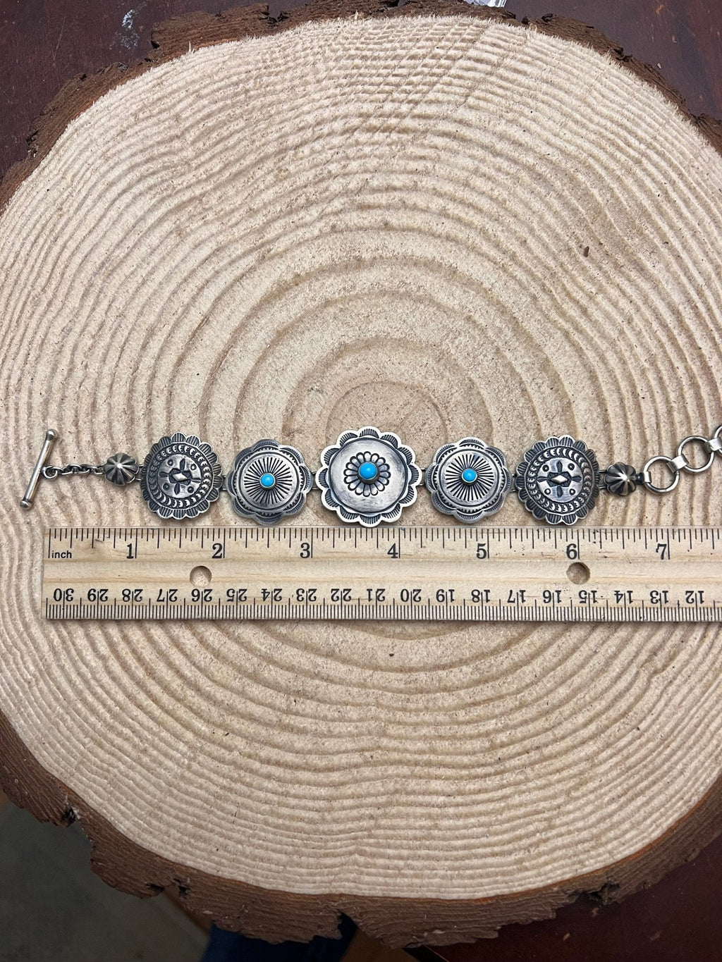 Victor Coriz Navajo Concho Link Bracelet with Sleeping Beauty Turquoise — Adjustable 6"-7.5" (Sterling Stamped, Artist Hallmark) - Rooted & Reckless Co.