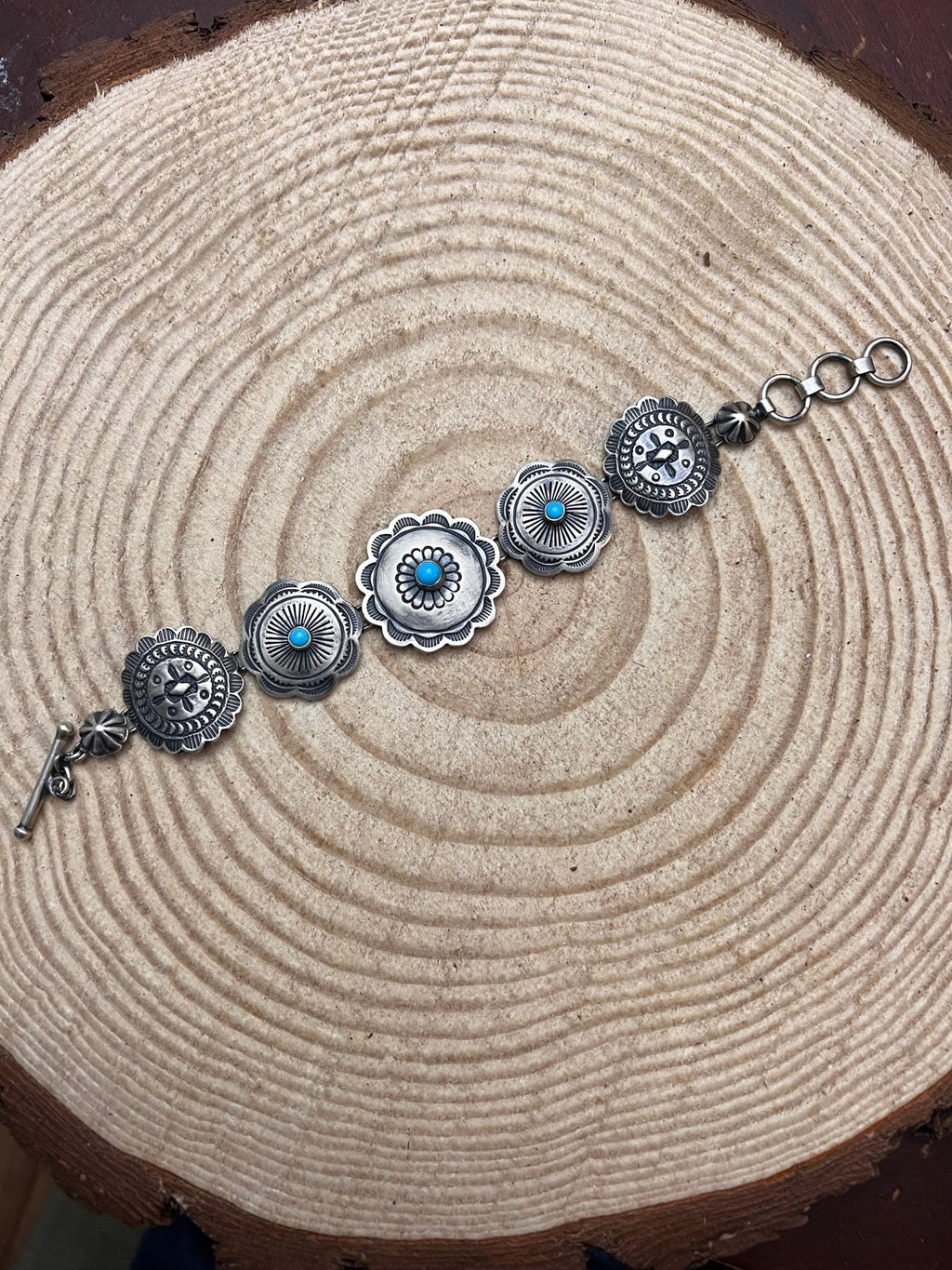 Victor Coriz Navajo Concho Link Bracelet with Sleeping Beauty Turquoise — Adjustable 6"-7.5" (Sterling Stamped, Artist Hallmark) - Rooted & Reckless Co.