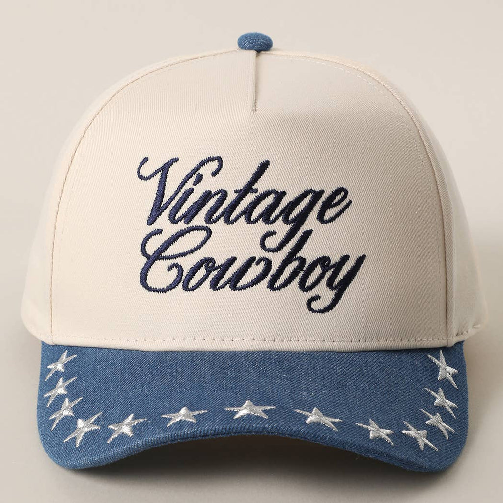 "Vintage Cowboy" Embroidered Star Brim Trucker Hat — Denim Brim with 5-Panel Cotton Construction - Rooted & Reckless Co.