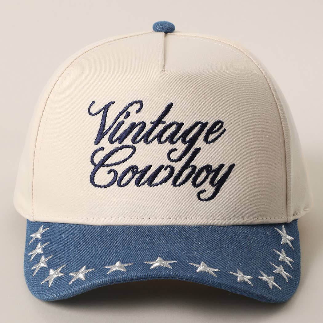 "Vintage Cowboy" Embroidered Star Brim Trucker Hat — Denim Brim with 5-Panel Cotton Construction - Rooted & Reckless Co.