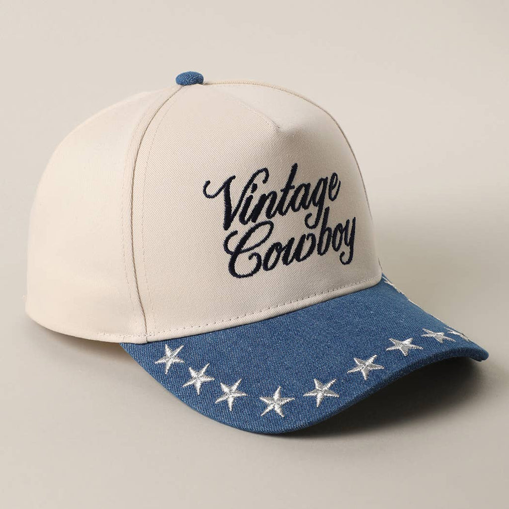 "Vintage Cowboy" Embroidered Star Brim Trucker Hat — Denim Brim with 5-Panel Cotton Construction - Rooted & Reckless Co.