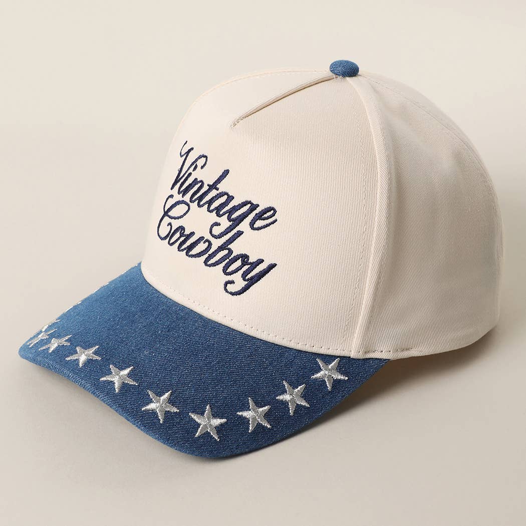 "Vintage Cowboy" Embroidered Star Brim Trucker Hat — Denim Brim with 5-Panel Cotton Construction - Rooted & Reckless Co.