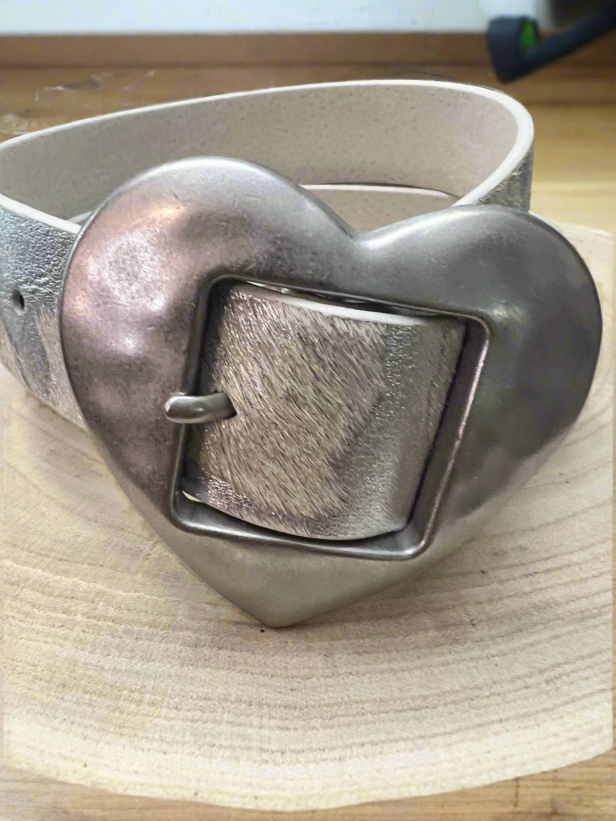 Vintage Heart Buckle Western Belt — Genuine Cow Hair Leather - Rooted & Reckless Co.