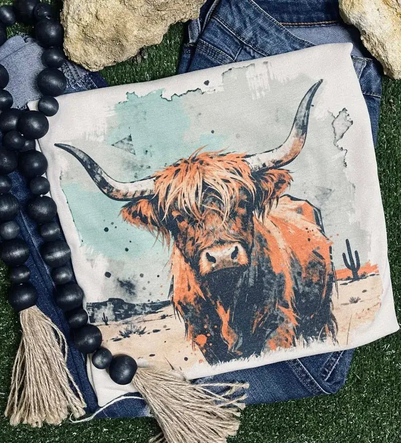 Vintage Highland Cow Western Graphic Tee — Durable Gildan Blend Weathered Western Statement - Rooted & Reckless Co.