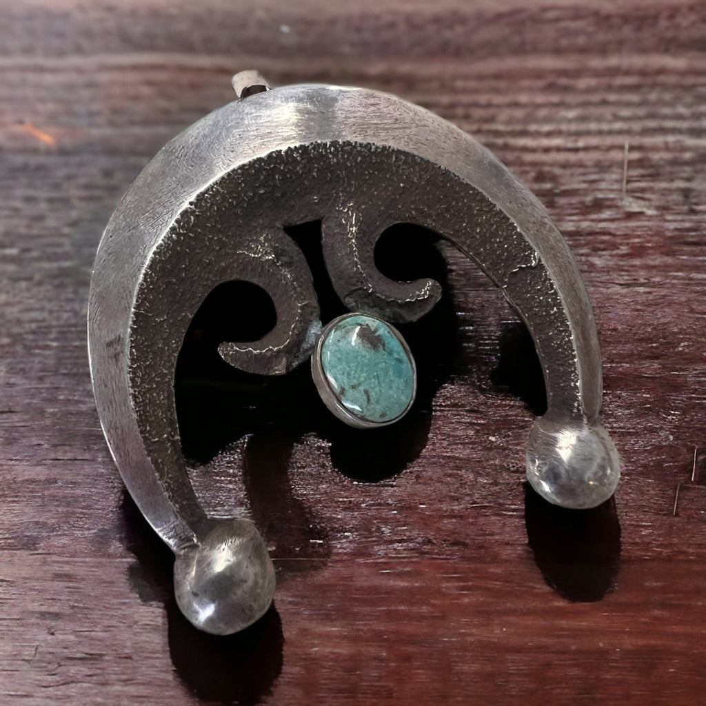 Vintage Native American Handcrafted Sandcast Sterling Silver Naja Pendant with Turquoise (Heirloom) - Rooted & Reckless Co.