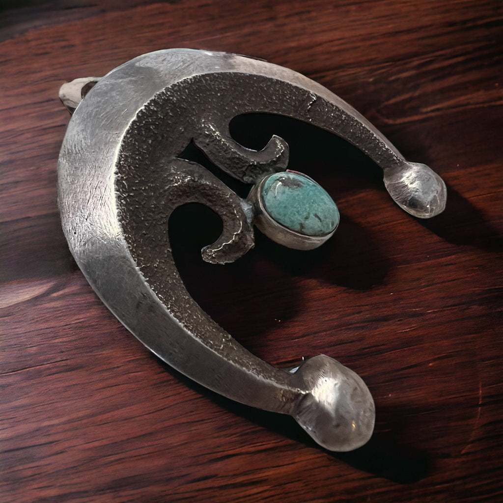 Vintage Native American Handcrafted Sandcast Sterling Silver Naja Pendant with Turquoise (Heirloom) - Rooted & Reckless Co.