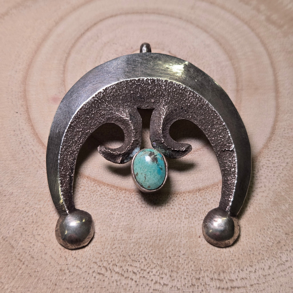 Vintage Native American Handcrafted Sandcast Sterling Silver Naja Pendant with Turquoise (Heirloom) - Rooted & Reckless Co.
