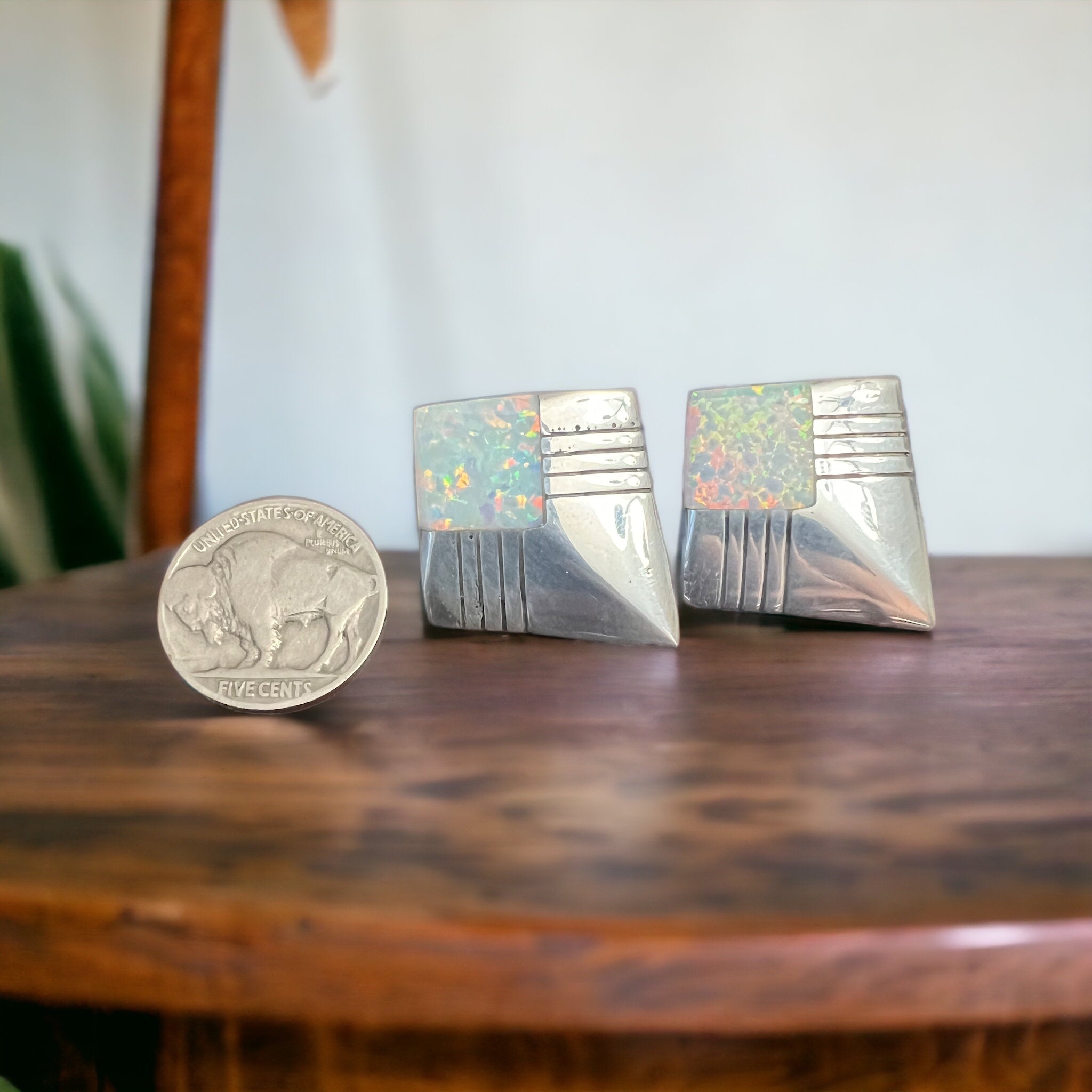 Vintage Navajo-Style Hand-Stamped Sterling Silver Concho & Opal Post Earrings — 1 1/4" Long - Rooted & Reckless Co.