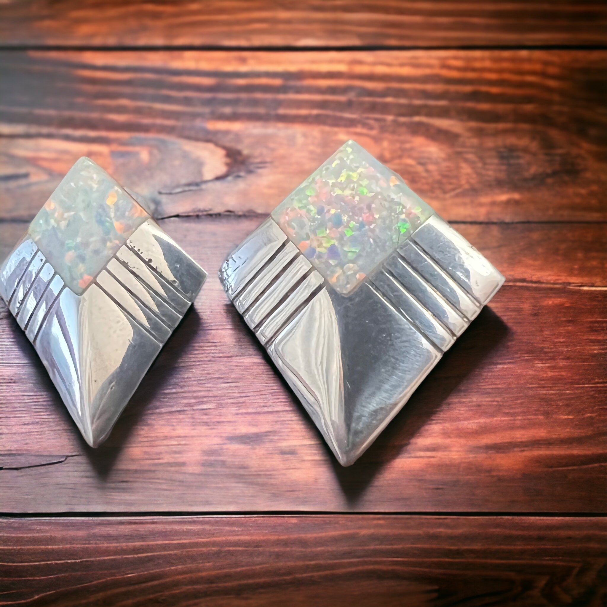 Vintage Navajo-Style Hand-Stamped Sterling Silver Concho & Opal Post Earrings — 1 1/4" Long - Rooted & Reckless Co.