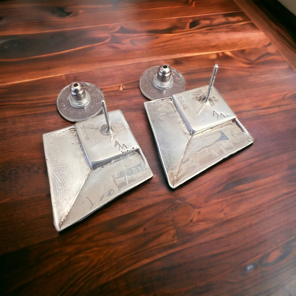 Vintage Navajo-Style Hand-Stamped Sterling Silver Concho & Opal Post Earrings — 1 1/4" Long - Rooted & Reckless Co.