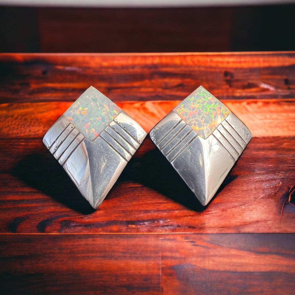 Vintage Navajo-Style Hand-Stamped Sterling Silver Concho & Opal Post Earrings — 1 1/4" Long - Rooted & Reckless Co.