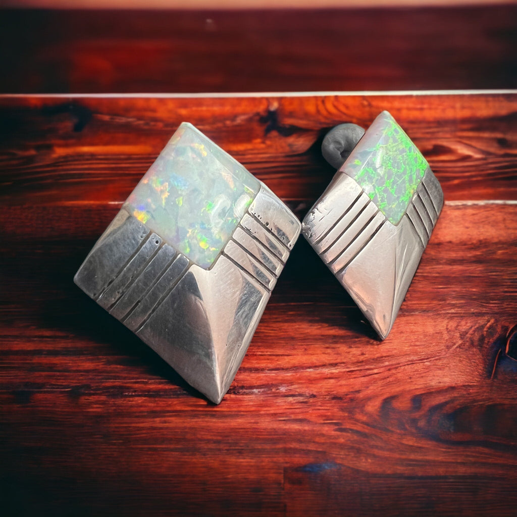 Vintage Navajo-Style Hand-Stamped Sterling Silver Concho & Opal Post Earrings — 1 1/4" Long - Rooted & Reckless Co.