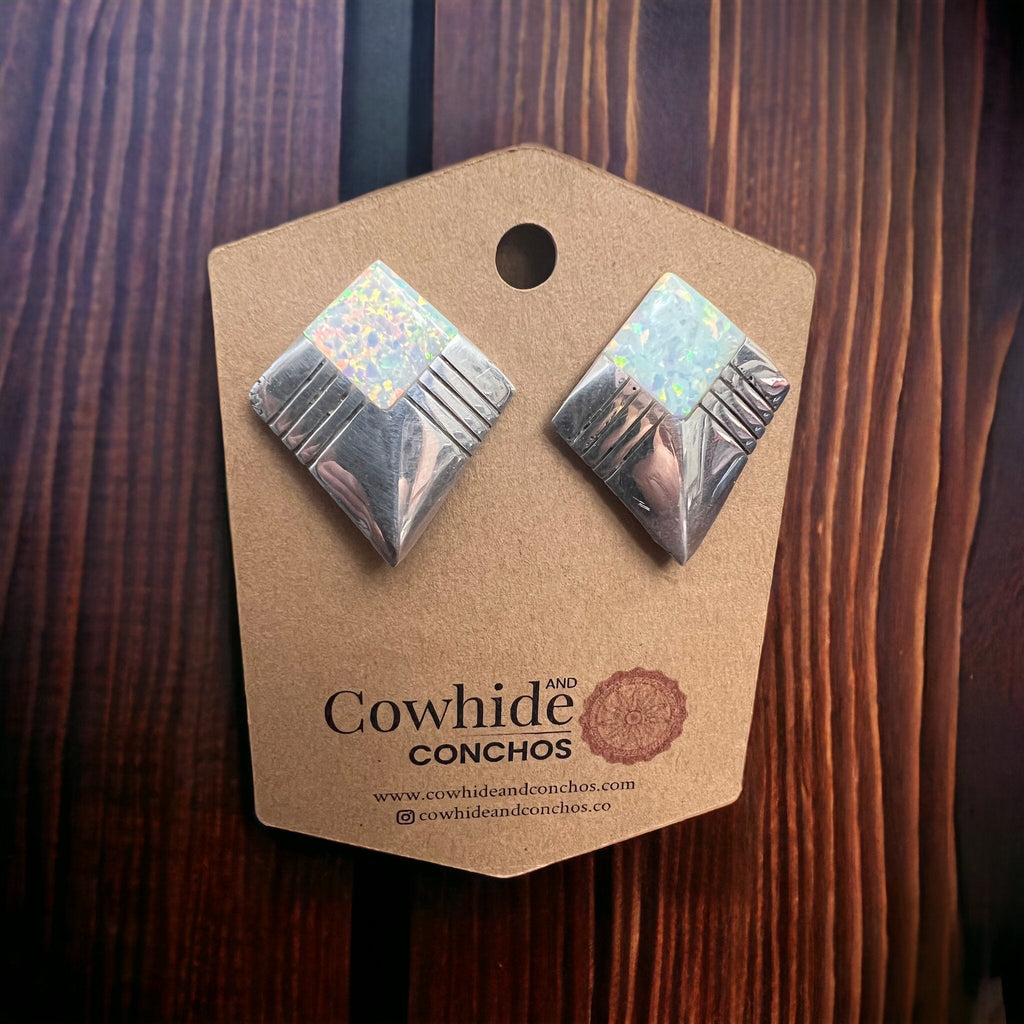Vintage Navajo-Style Hand-Stamped Sterling Silver Concho & Opal Post Earrings — 1 1/4" Long - Rooted & Reckless Co.