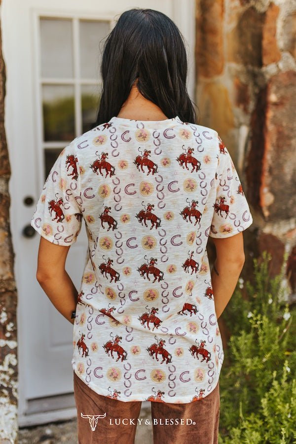 Vintage Rodeo Cowboy & Horseshoe All-Over Print Western Pocket Tee — Ivory Knit Premium Western Staple - Rooted & Reckless Co.