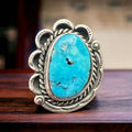 Vintage Sterling Silver Turquoise Ring — Blue Cabochon & Hand-Stamping, Size 7 (Native-Style) - Rooted & Reckless Co.