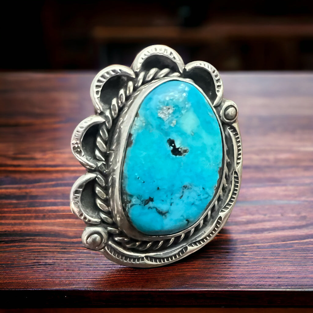 Vintage Sterling Silver Turquoise Ring — Blue Cabochon & Hand-Stamping, Size 7 (Native-Style) - Rooted & Reckless Co.