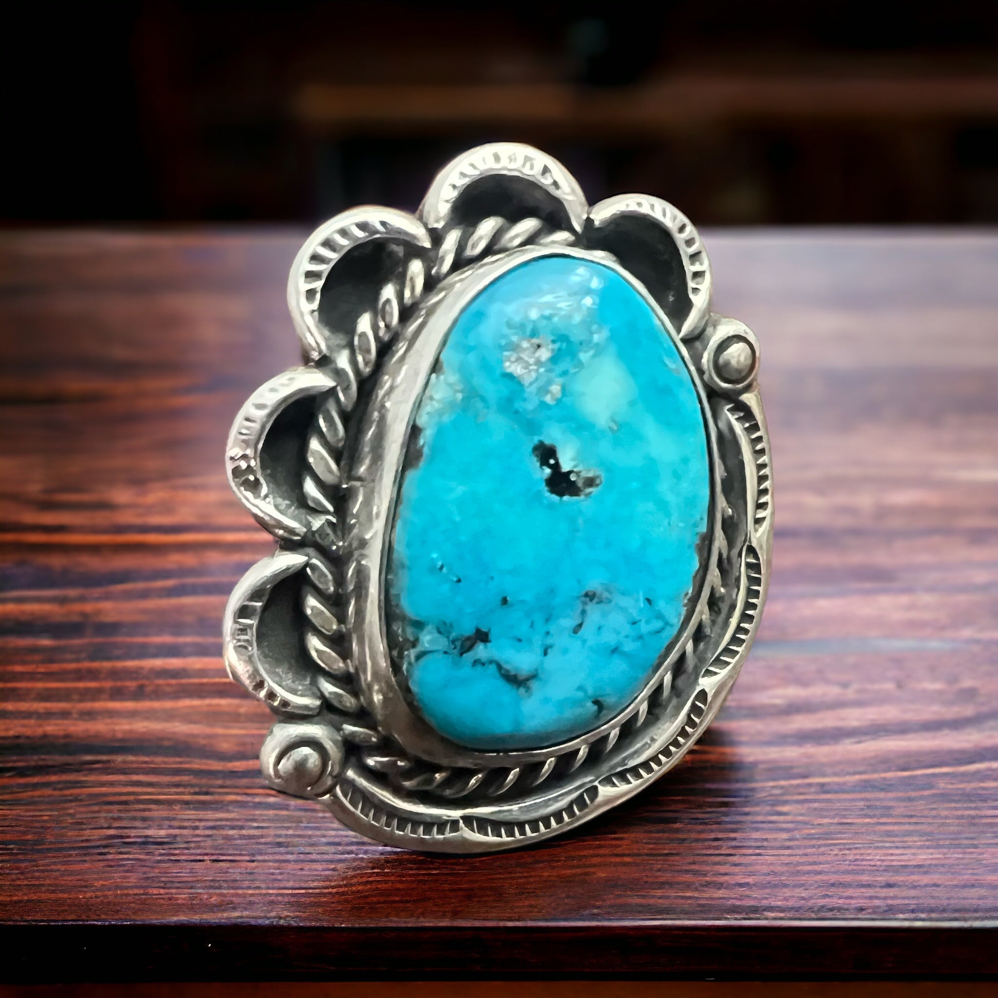 Vintage Sterling Silver Turquoise Ring — Blue Cabochon & Hand-Stamping, Size 7 (Native-Style) - Rooted & Reckless Co.