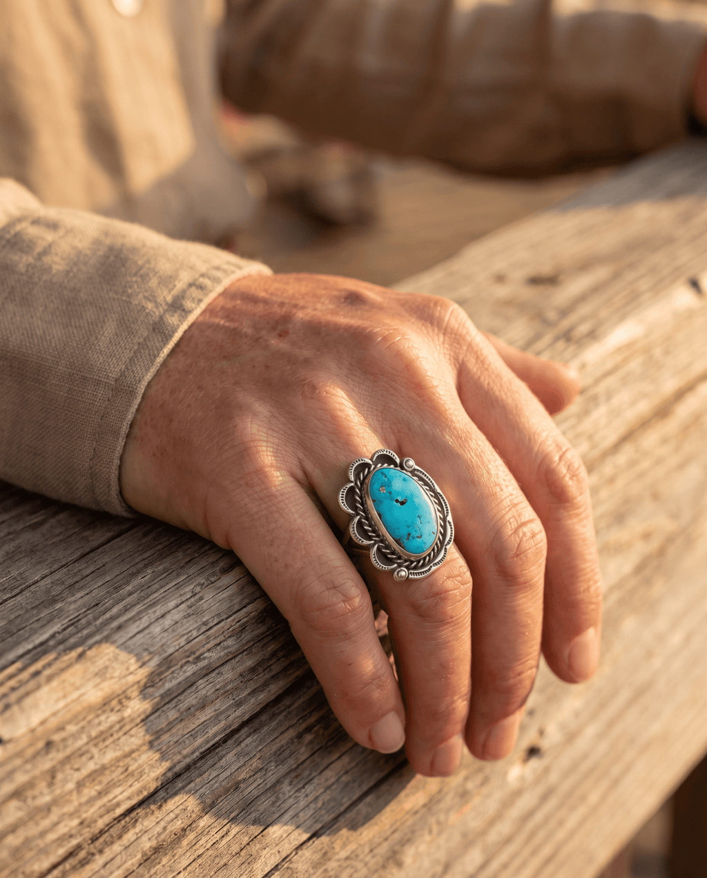Vintage Sterling Silver Turquoise Ring — Blue Cabochon & Hand-Stamping, Size 7 (Native-Style) - Rooted & Reckless Co.