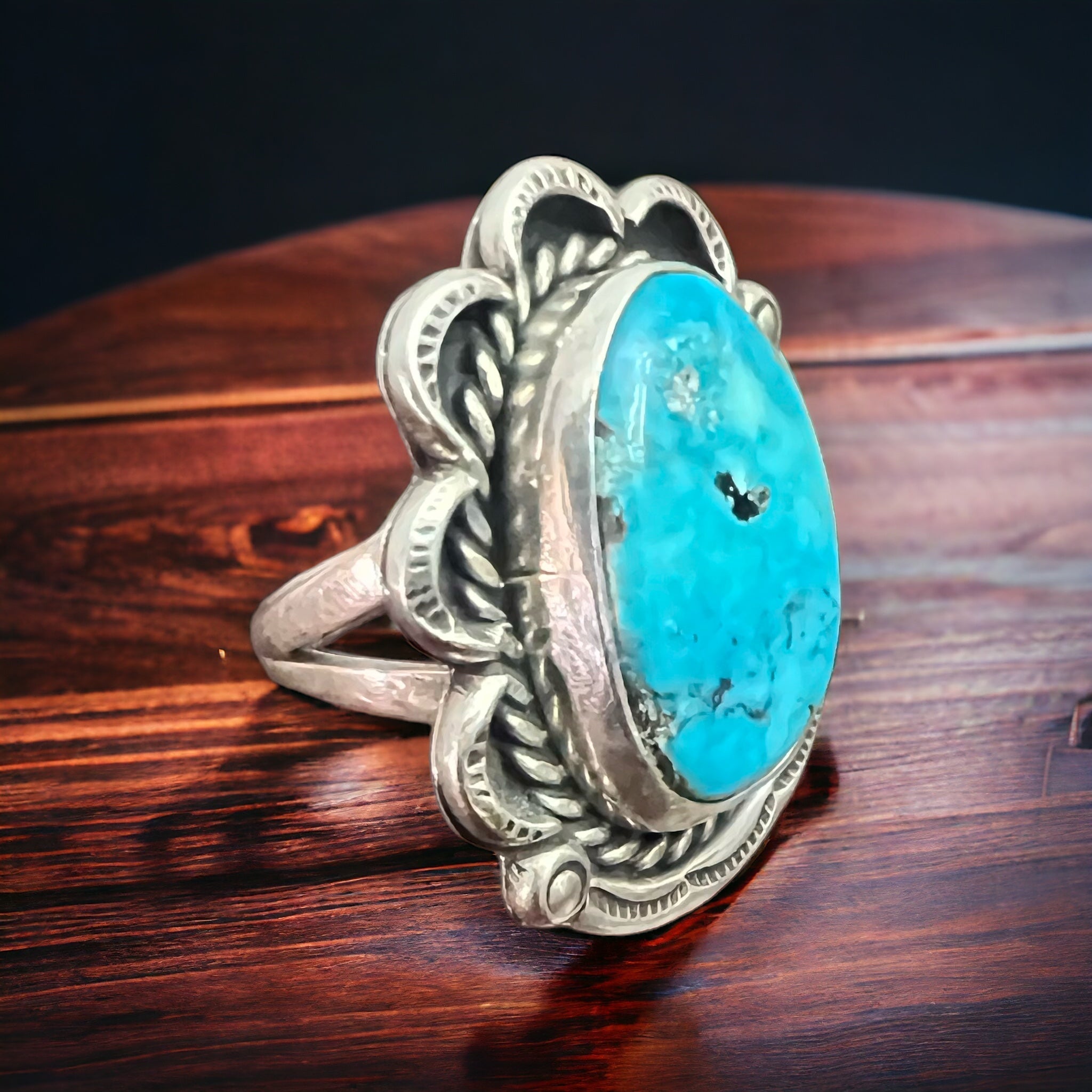 Vintage Sterling Silver Turquoise Ring — Blue Cabochon & Hand-Stamping, Size 7 (Native-Style) - Rooted & Reckless Co.