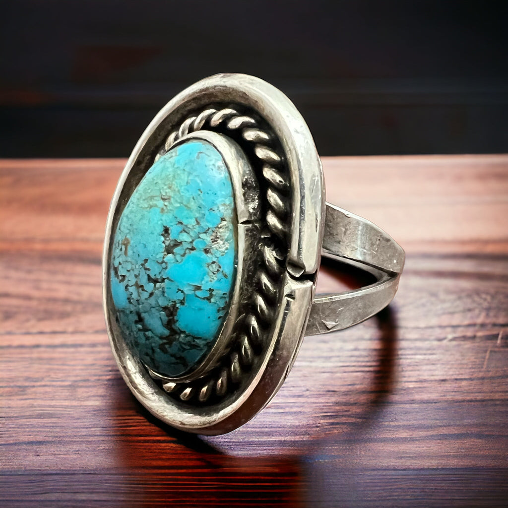 Vintage Sterling Silver Turquoise Ring with Shadowbox & Rope Back — Size 8 - Rooted & Reckless Co.