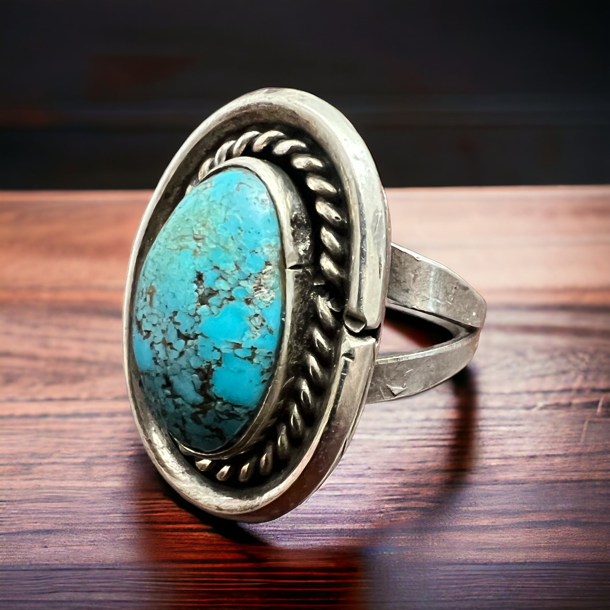 Vintage Sterling Silver Turquoise Ring with Shadowbox & Rope Back — Size 8 - Rooted & Reckless Co.