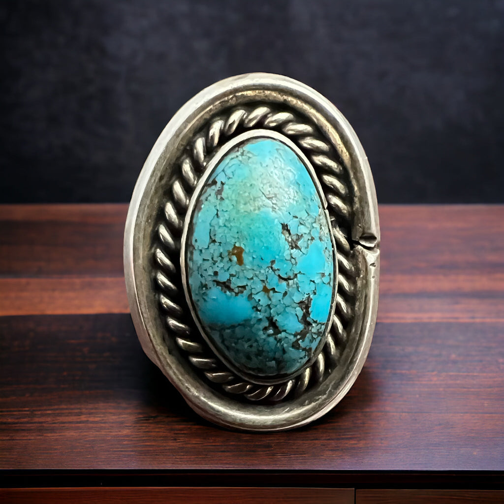 Vintage Sterling Silver Turquoise Ring with Shadowbox & Rope Back — Size 8 - Rooted & Reckless Co.