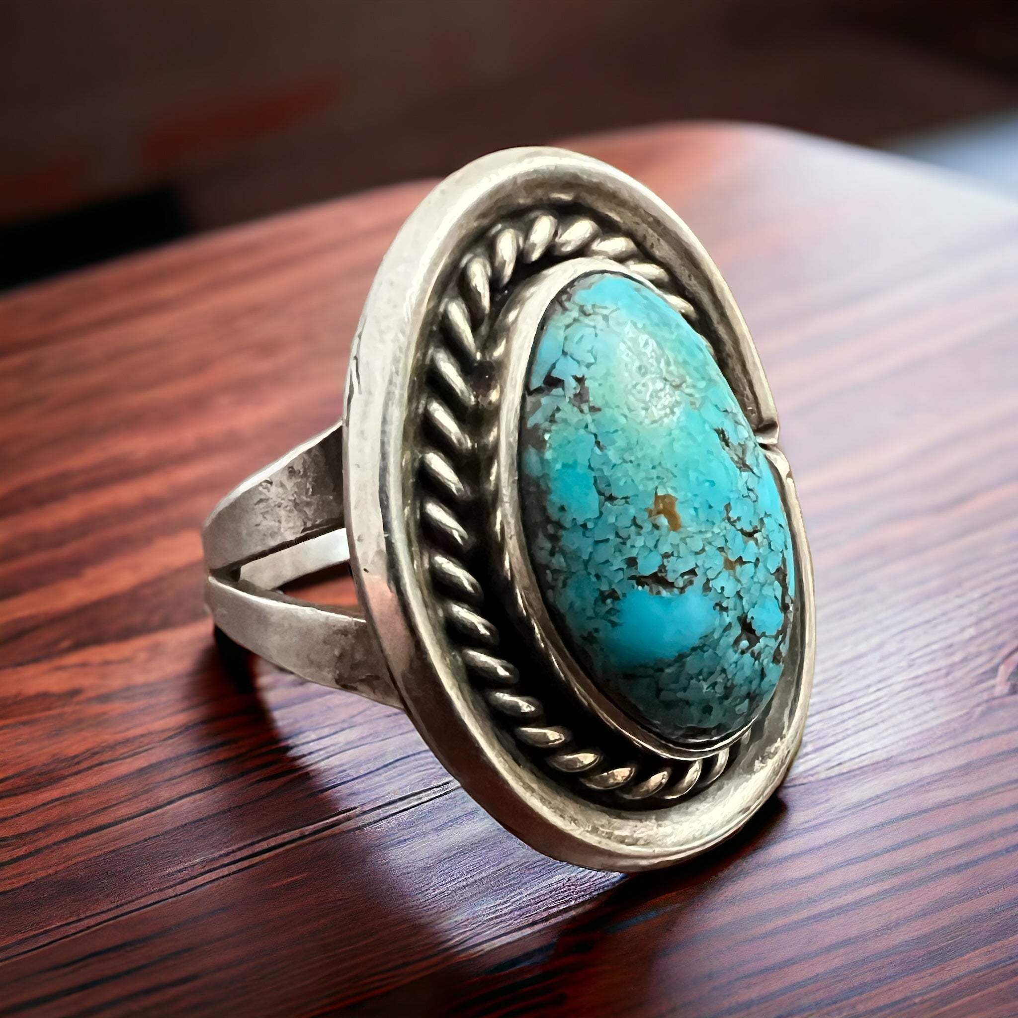 Vintage Sterling Silver Turquoise Ring with Shadowbox & Rope Back — Size 8 - Rooted & Reckless Co.
