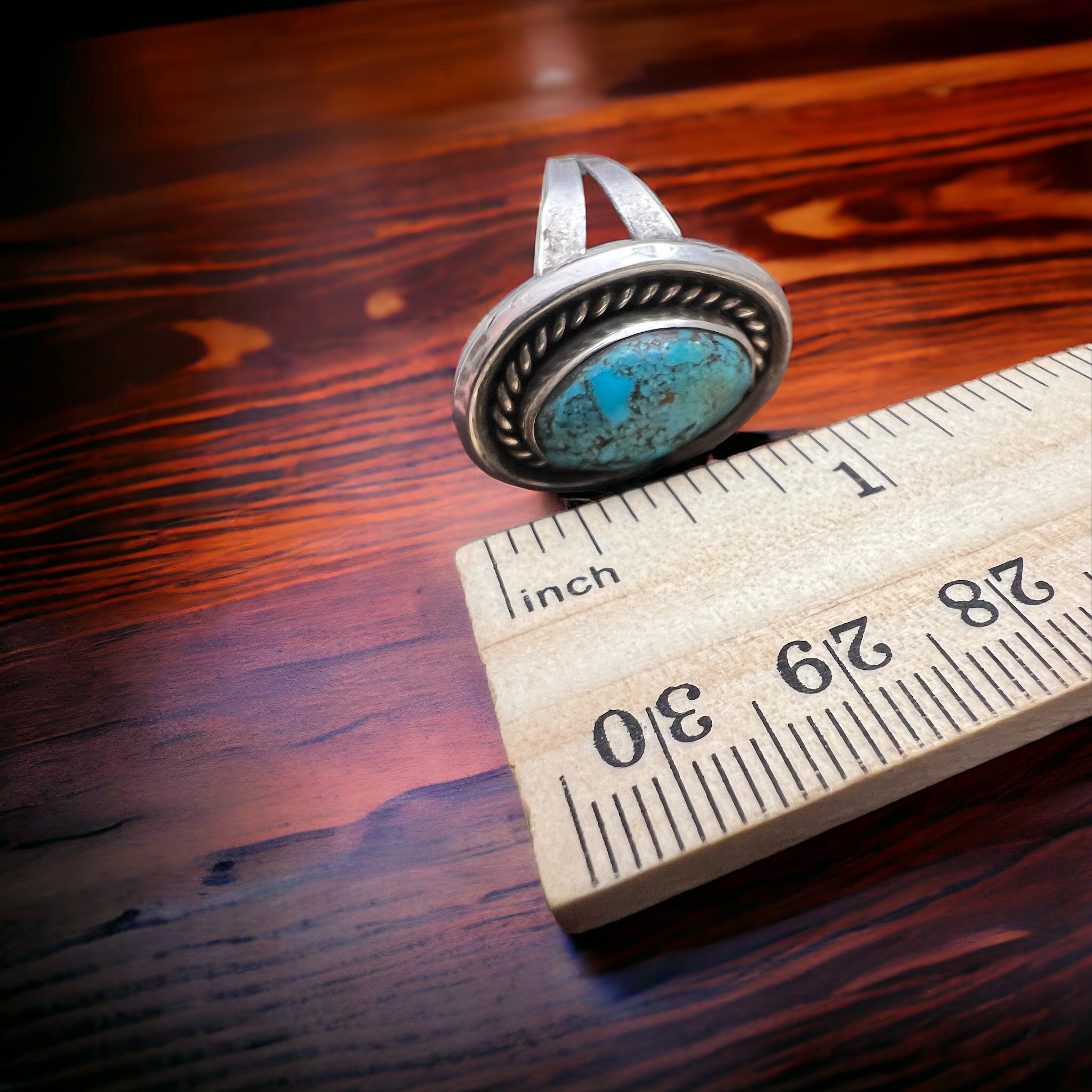 Vintage Sterling Silver Turquoise Ring with Shadowbox & Rope Back — Size 8 - Rooted & Reckless Co.