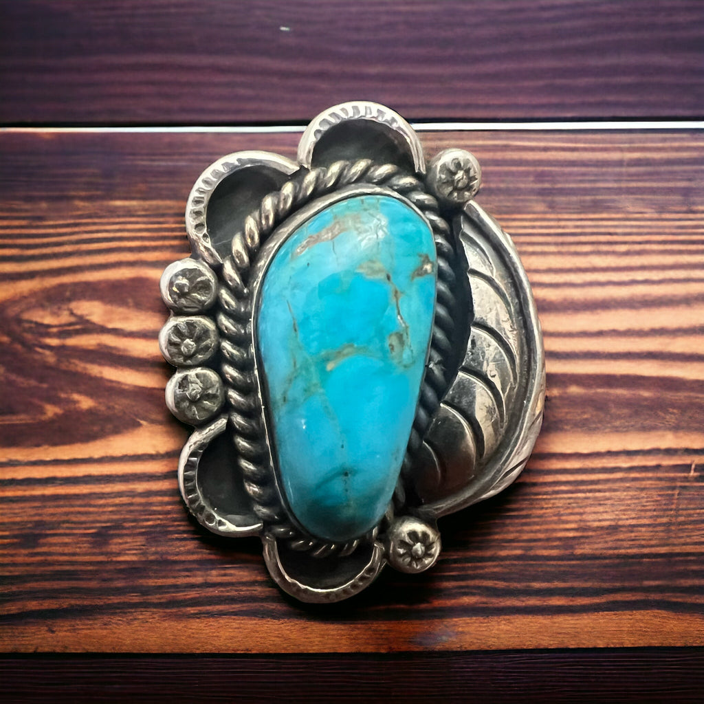 Vintage Sterling Silver Turquoise Ring with Sterling Leaf & Hand-Stamping — Size 7.5 (Native-Style) - Rooted & Reckless Co.