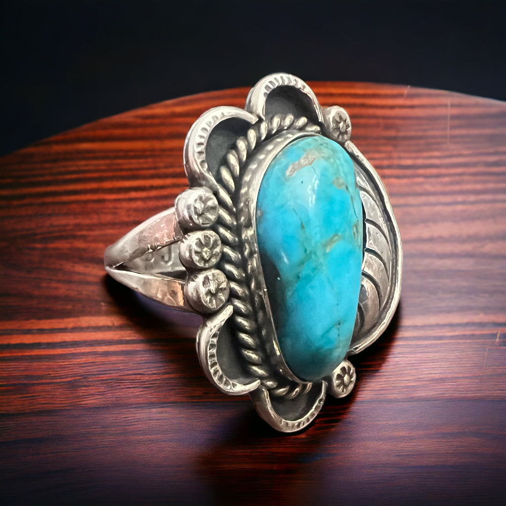 Vintage Sterling Silver Turquoise Ring with Sterling Leaf & Hand-Stamping — Size 7.5 (Native-Style) - Rooted & Reckless Co.