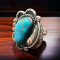 Vintage Sterling Silver Turquoise Ring with Sterling Leaf & Hand-Stamping — Size 7.5 (Native-Style) - Rooted & Reckless Co.