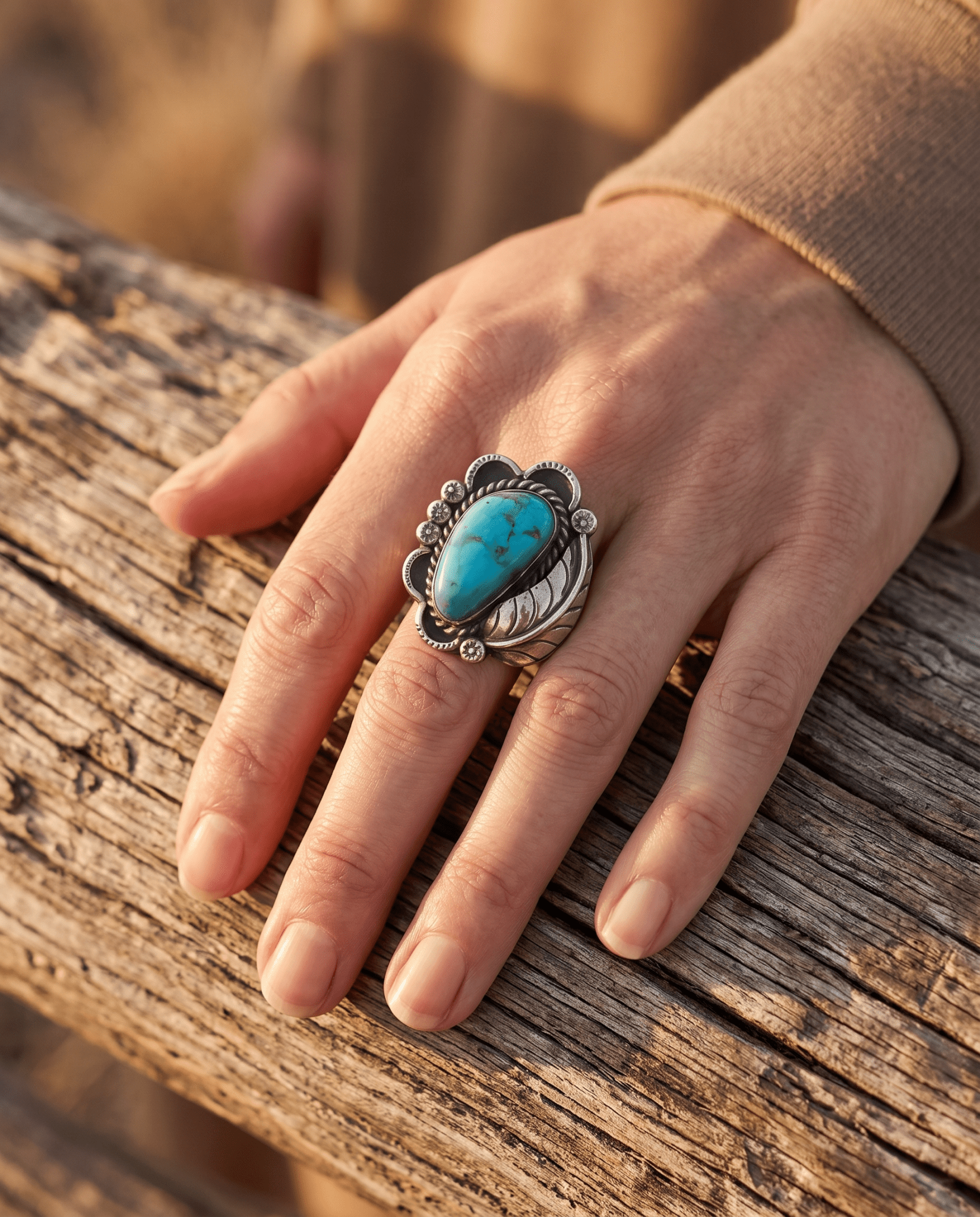 Vintage Sterling Silver Turquoise Ring with Sterling Leaf & Hand-Stamping — Size 7.5 (Native-Style) - Rooted & Reckless Co.