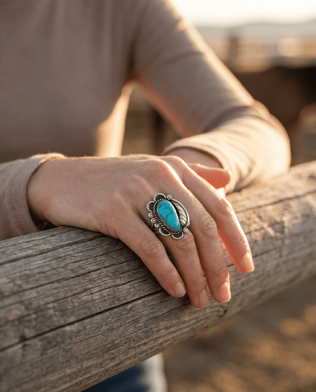 Vintage Sterling Silver Turquoise Ring with Sterling Leaf & Hand-Stamping — Size 7.5 (Native-Style) - Rooted & Reckless Co.