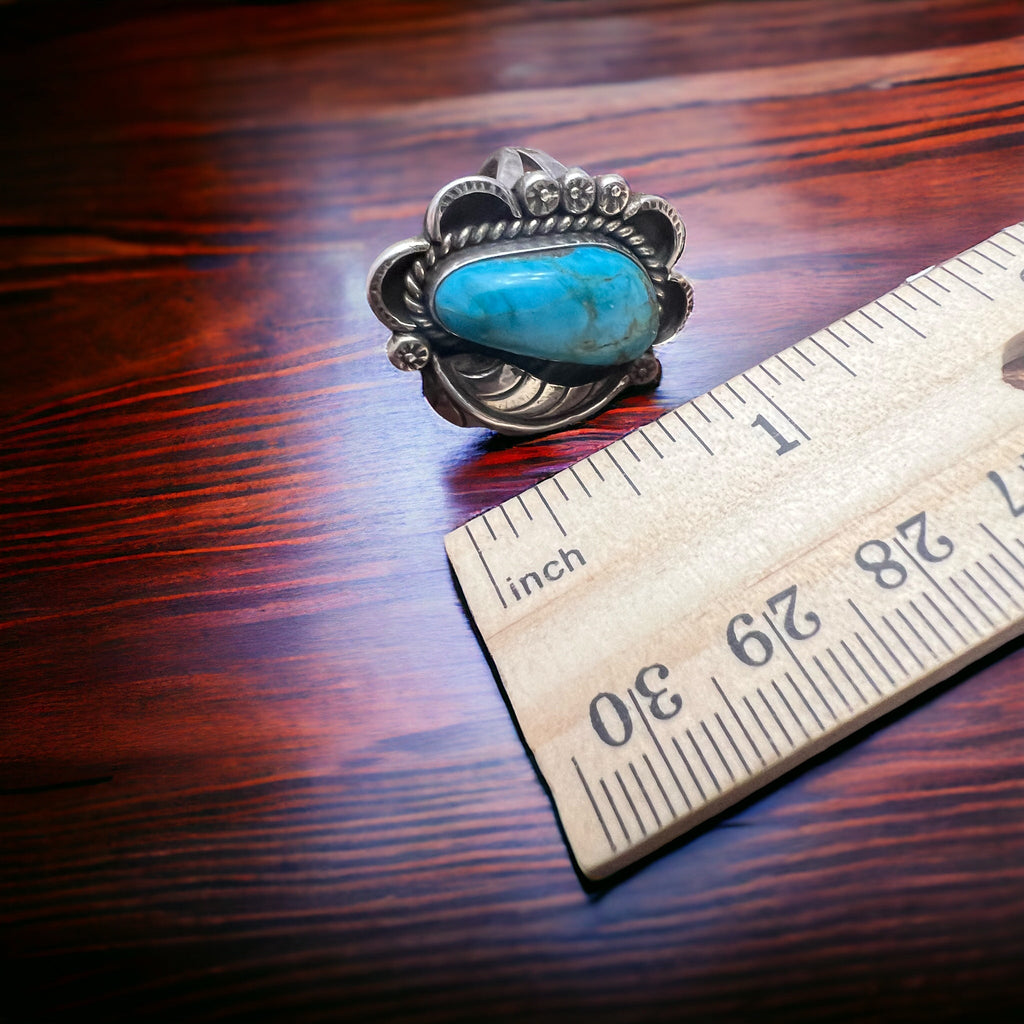 Vintage Sterling Silver Turquoise Ring with Sterling Leaf & Hand-Stamping — Size 7.5 (Native-Style) - Rooted & Reckless Co.