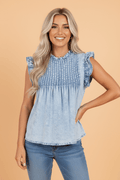 Vintage Washed Denim Pleated Ruffle Sleeve Top - Rooted & Reckless Co.